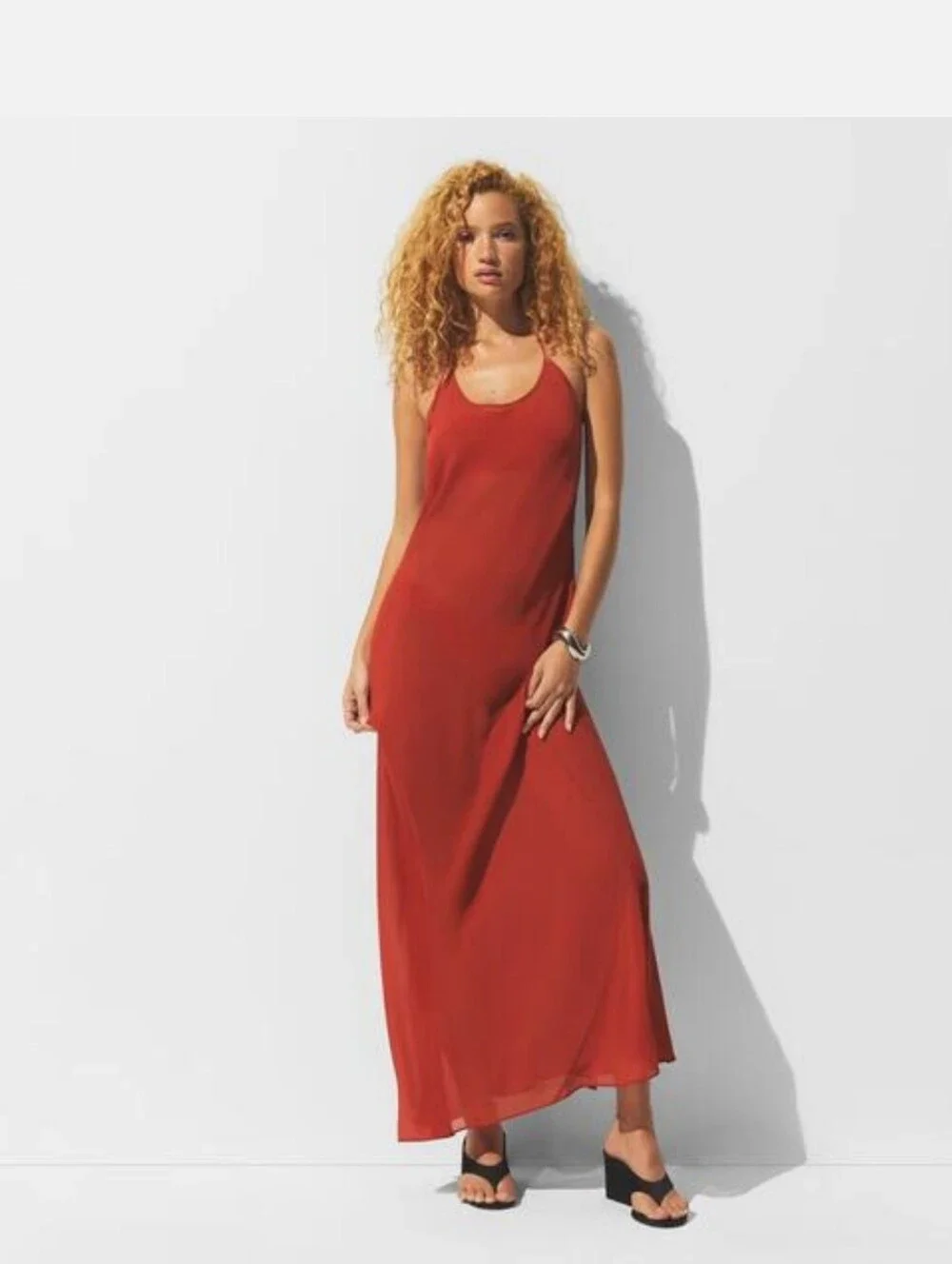 SKIMS SHEER COVER-UP LONG HALTER DRESS IN AUBURN
